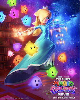Character in blue dress floating in space with colorful star creatures and castle background