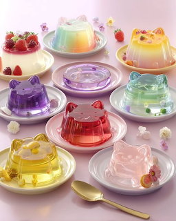 Nine colorful translucent jelly desserts on white plates with strawberries and citrus garnishes