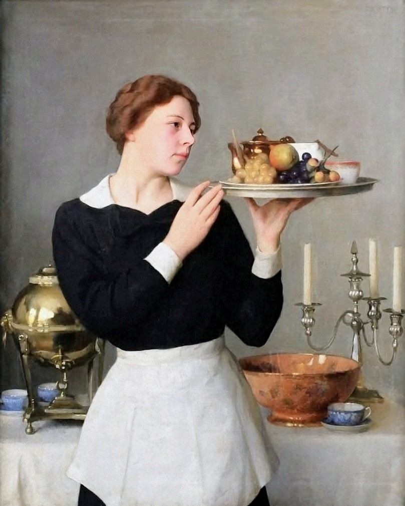 Painting of a waitress in black dress holding a tray with fruit, surrounded by brass and copper vessels