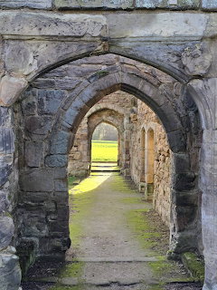Repeated Gothic stone archways in medieval ruins leading to a green field, moss on walls