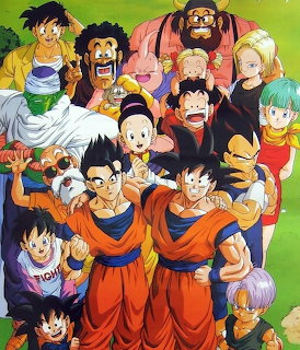 Dragon Ball Z anime characters in a group portrait with vibrant colors on green background