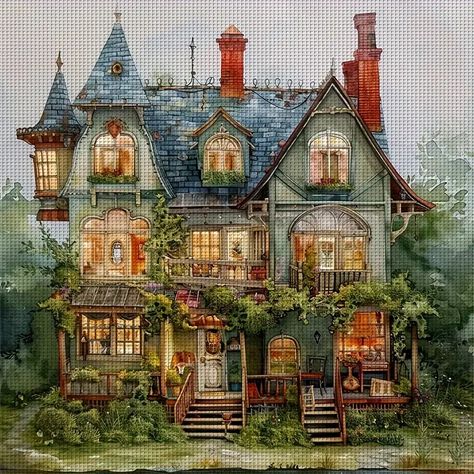 Whimsical Victorian cottage with glowing windows and garden in twilight