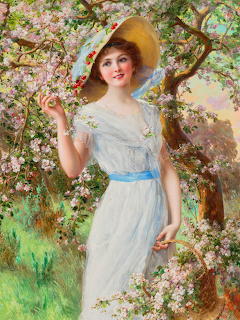Woman in white dress and straw hat among pink cherry blossoms, vintage painting style