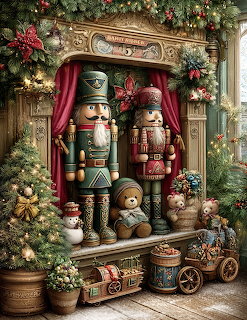 Two large Christmas nutcracker figures flanking tedy bears and toys on a festive decorated stage