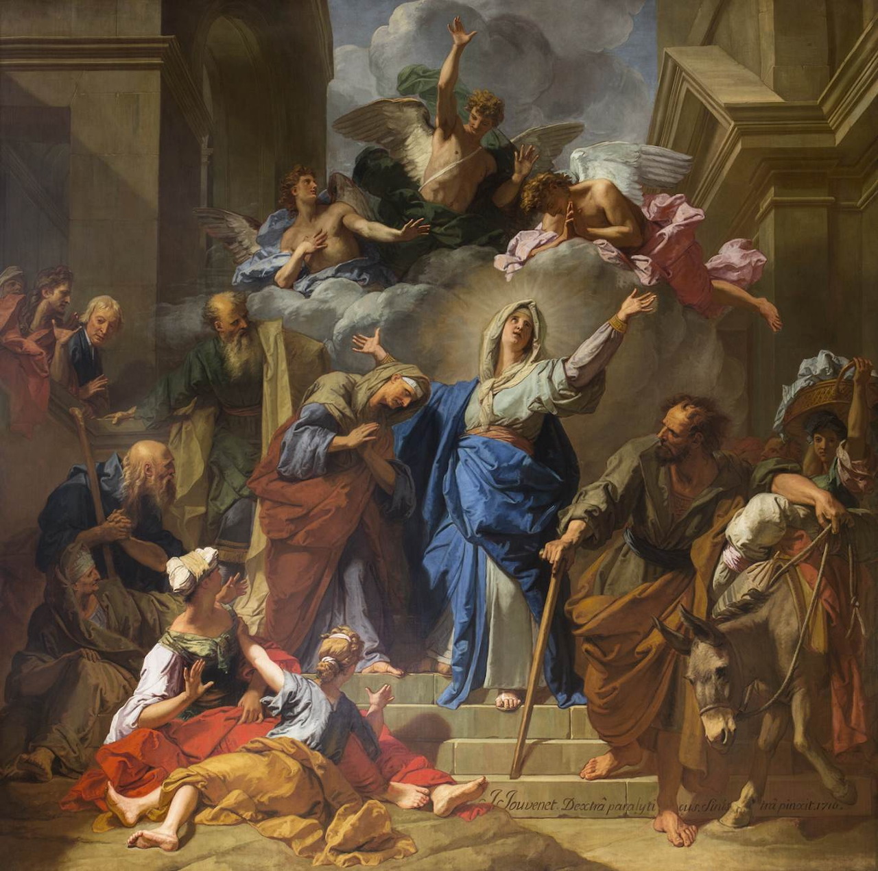 Classical painting of a religious scene with several figures around a central woman in blue robes
