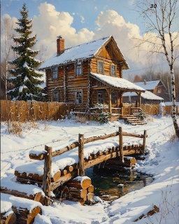 Snow-covered log cabin with wooden fence and small bridge in winter countryside with evergreen trees