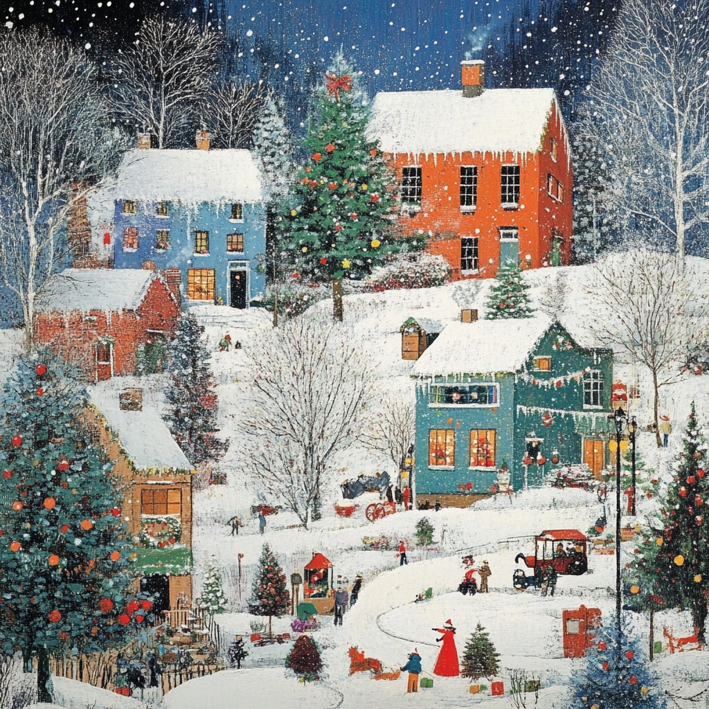 Snowy Christmas village with colorful houses, decorated trees, and people outdoors
