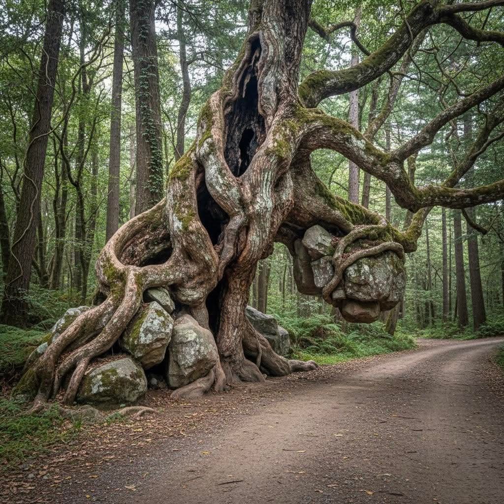 Twisted old tree with thick roots beside a forest path