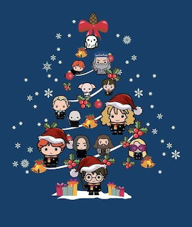 Cartoon Harry Potter characters forming a Christmas tree with snowflakes and presents