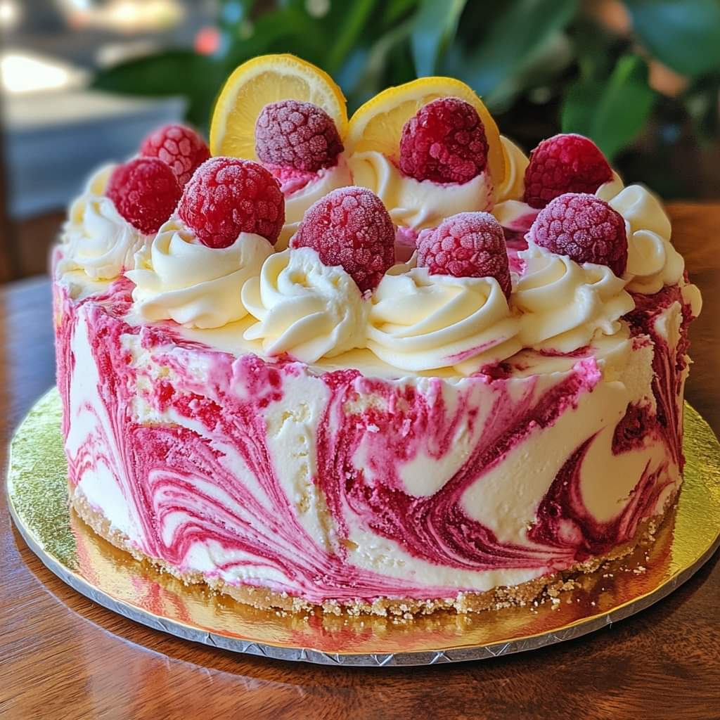 Round cake with pink marble swirl sides, whipped cream rosettes, raspberries, and lemon slices on top