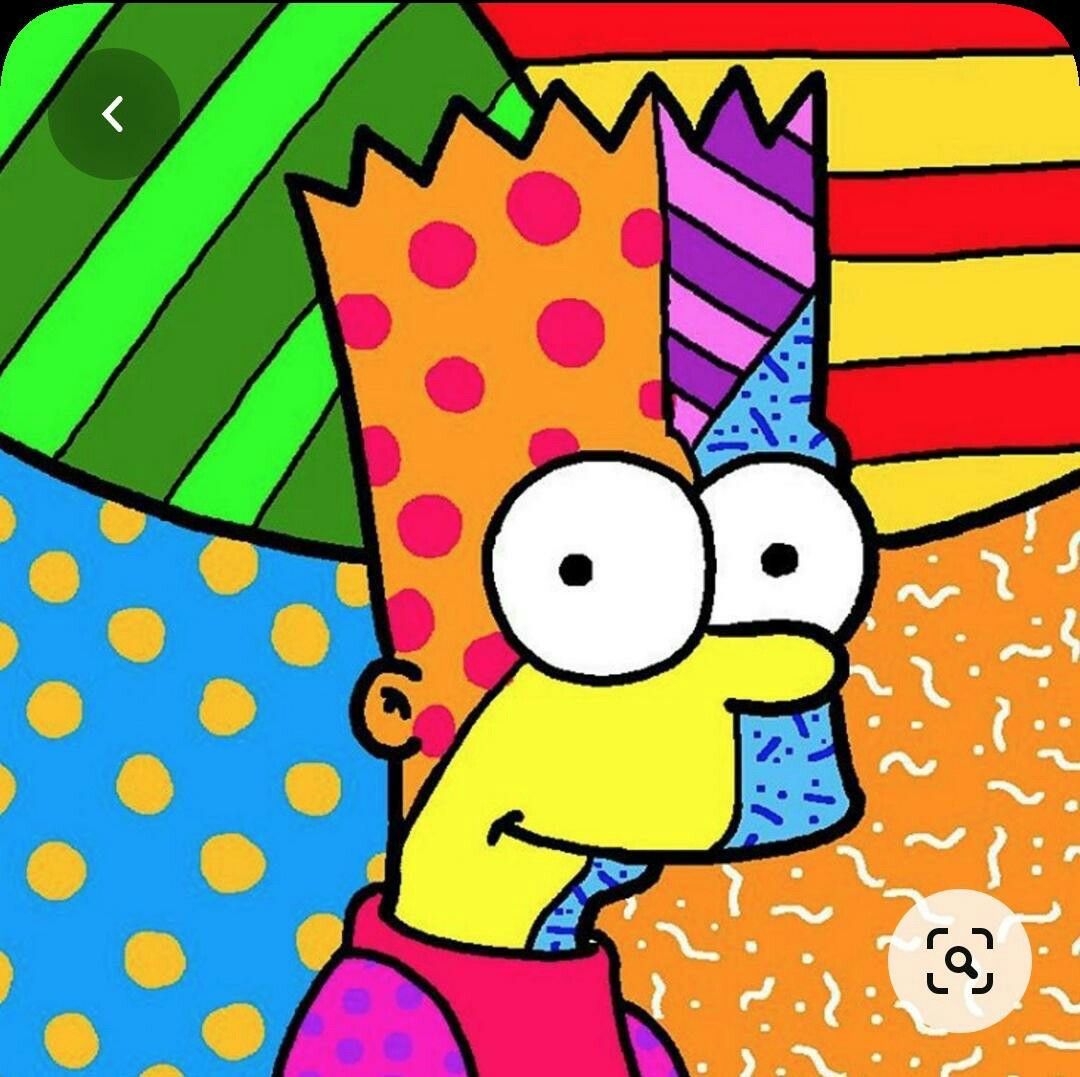 Bart Simpson cartoon character in pop art style with bright geometric patterned background