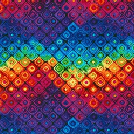 Colorful repeating pattern of rounded squares and dots in rainbow chevron stripes