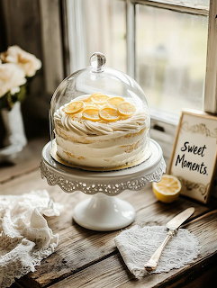 Lemon cake under a glass dome on a pedestal stand by a rustic window with a slice on a plate