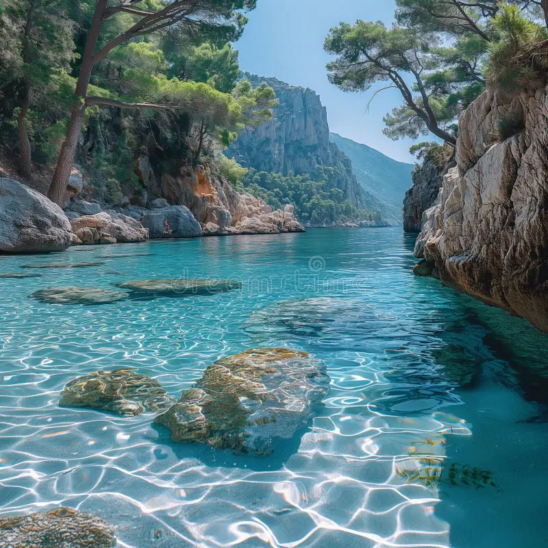 Clear turquoise water in a rocky cove with pine trees and cliffs