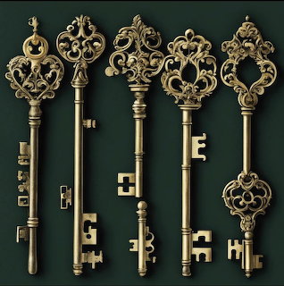 Six ornate antique brass keys on a dark green background with small key parts nearby