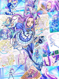 Anime collage of Cure Beat from Pretty Cure in blue costume with multiple artwork panels behind her