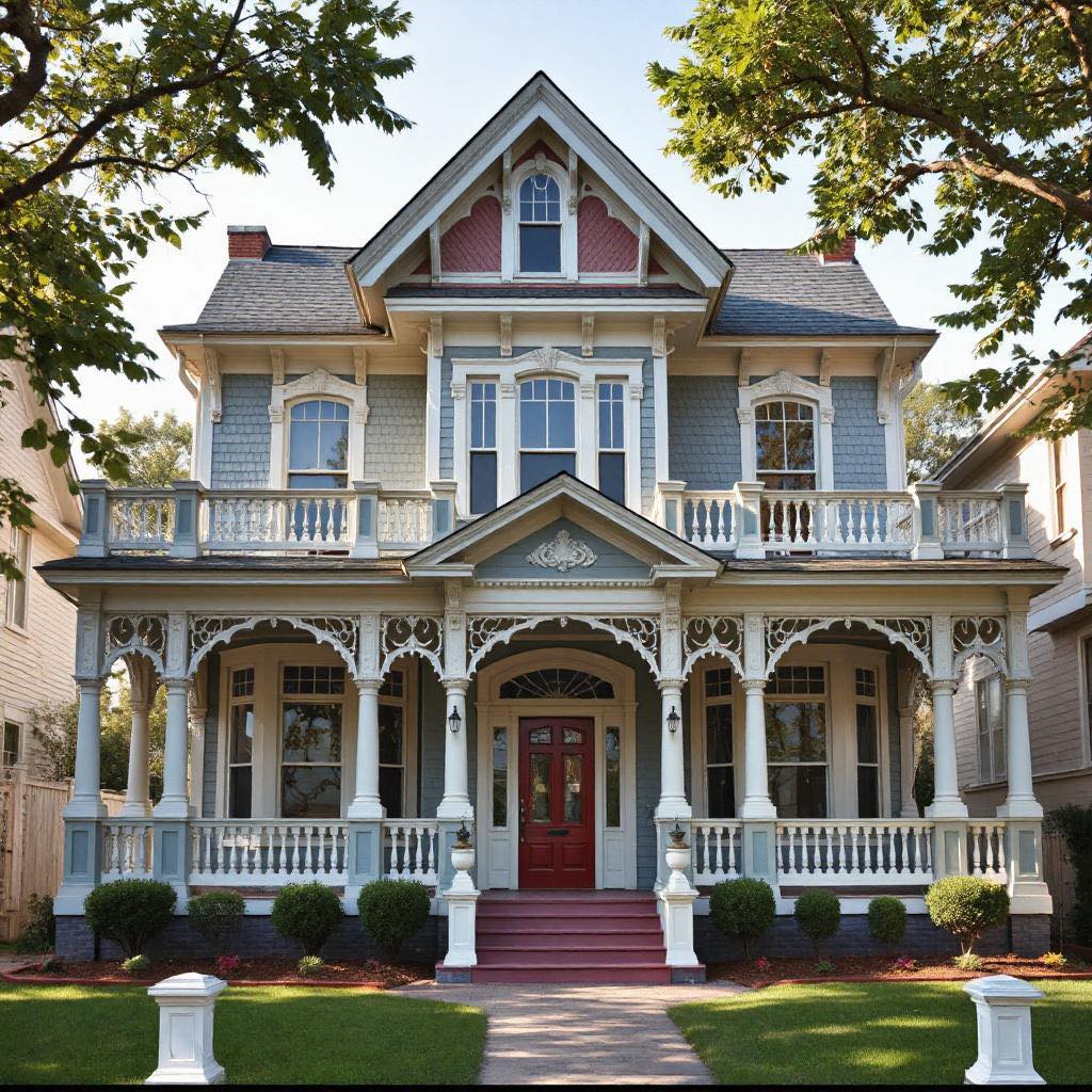 Victorian house with white railings, arched porches, and gabled roof surrounded by trees