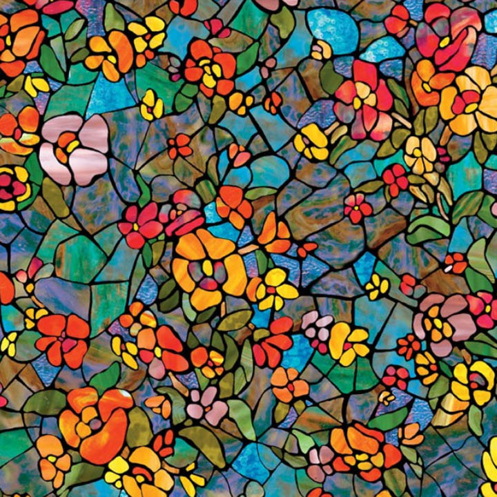 Colorful stained glass mosaic filled with small flowers and leaves