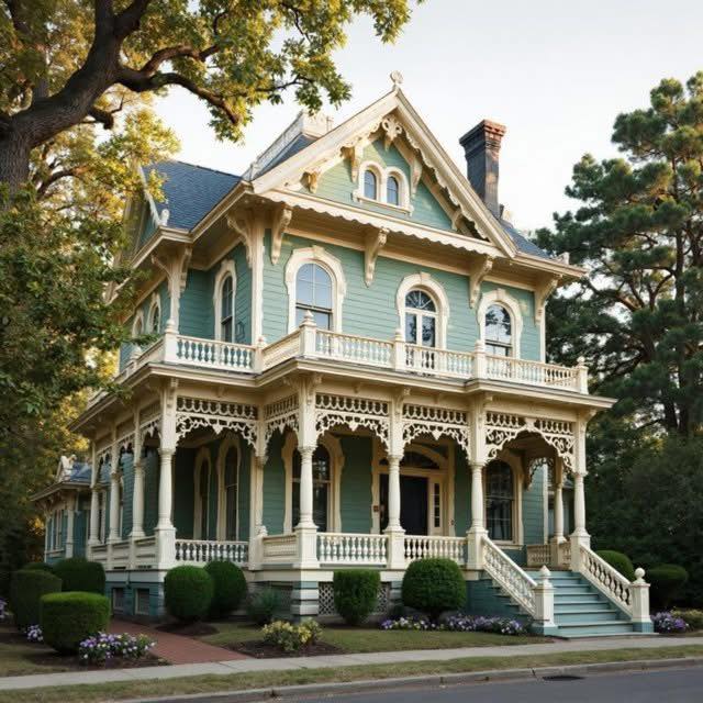Victorian mansion with ornate details, wraparound porch, arched windows, and surrounding trees