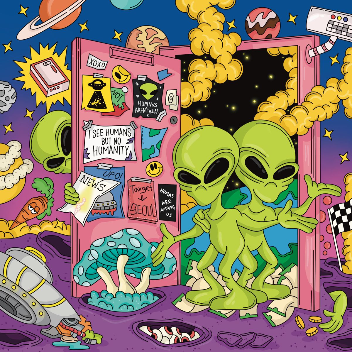 Two green cartoon aliens sitting together surrounded by retro space posters and UFO imagery on purple starry background