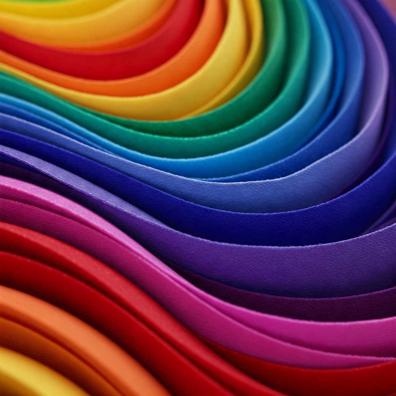 Colorful paper layers arranged in rainbow curved waves from yellow through purple