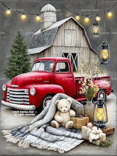 Vintage red truck in front of a snowy barn with Christmas lights, tedy bear, lanterns, and gifts