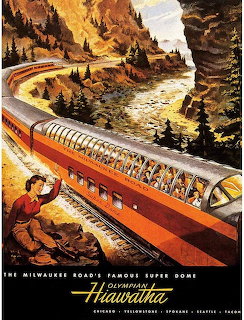 Vintage poster of orange streamlined train in mountain canyon with passengers in observation car