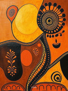 Abstract orange and yellow artwork with black circular motifs and decorative curved patterns