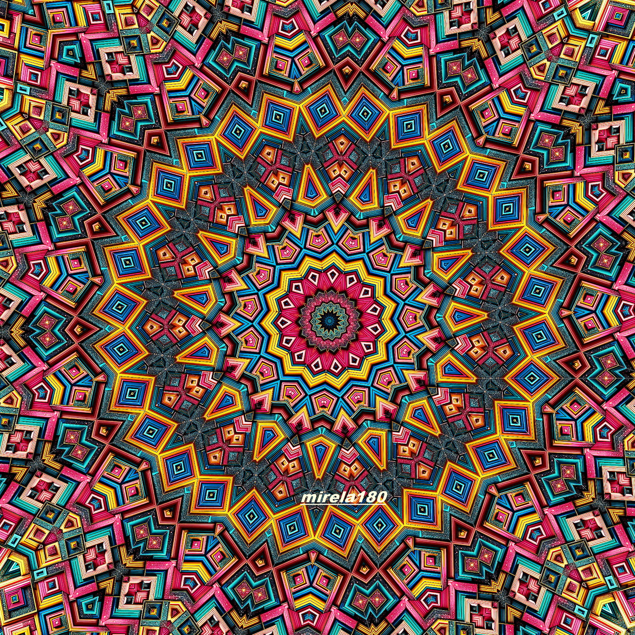 Vibrant circular mandala with intricate geometric patterns in multiple bright colors radiating from pink center
