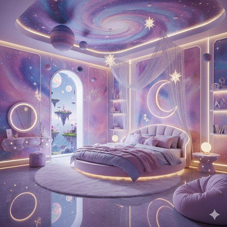 Purple fantasy bedroom with galaxy ceiling, floating bed, and cosmic neon lighting