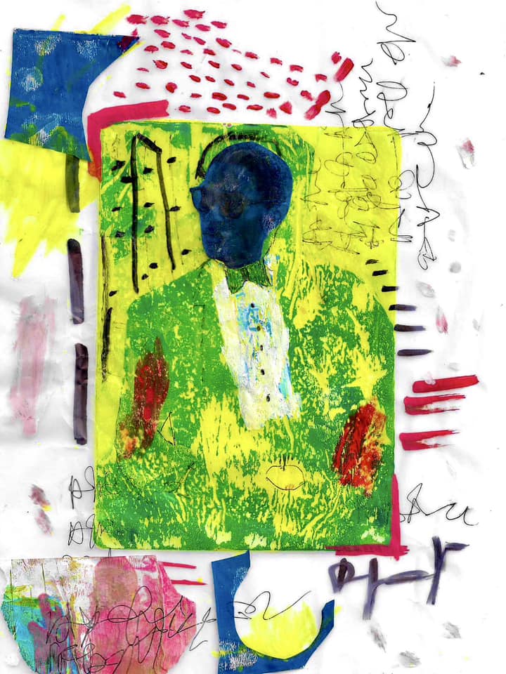 Abstract mixed media collage with vibrant yellow, green, and blue colors and expressive gestural marks