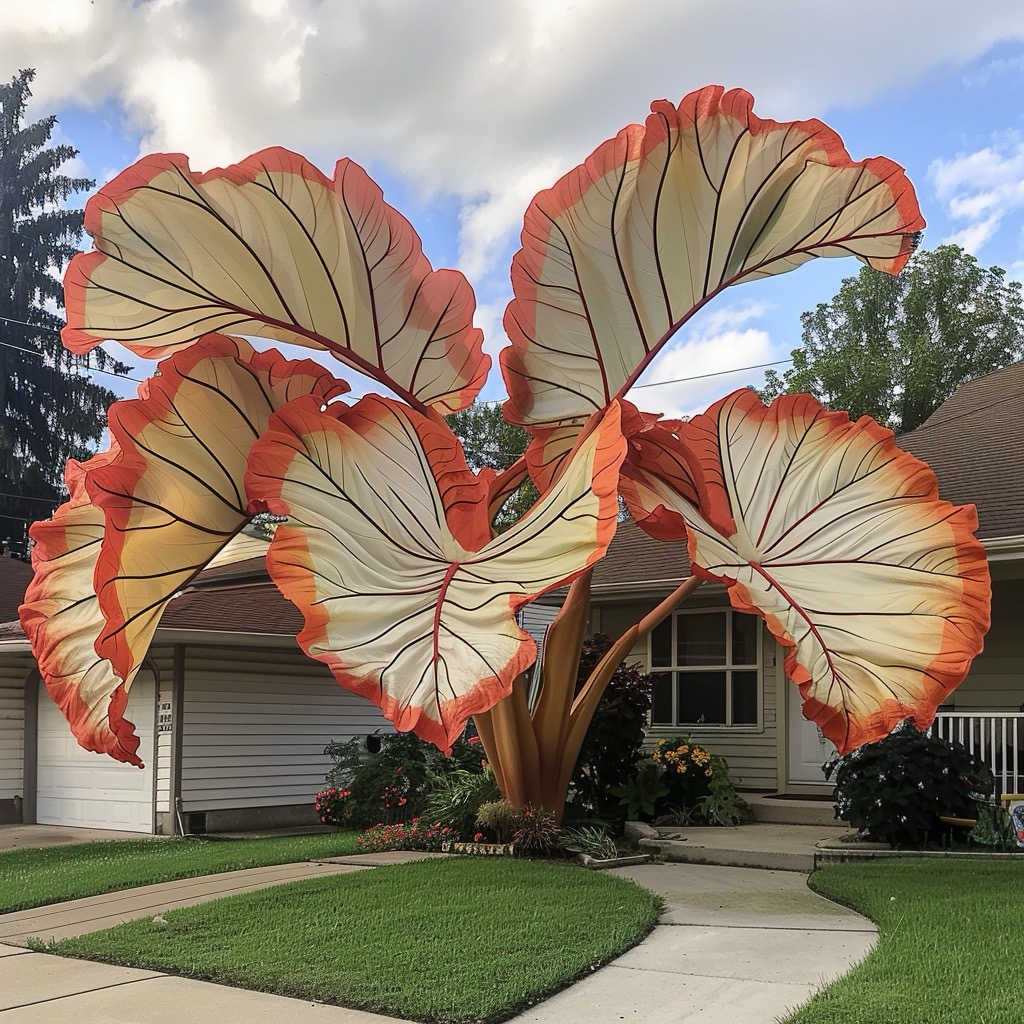 Large decorative leaf sculptures in a front yard beside a house