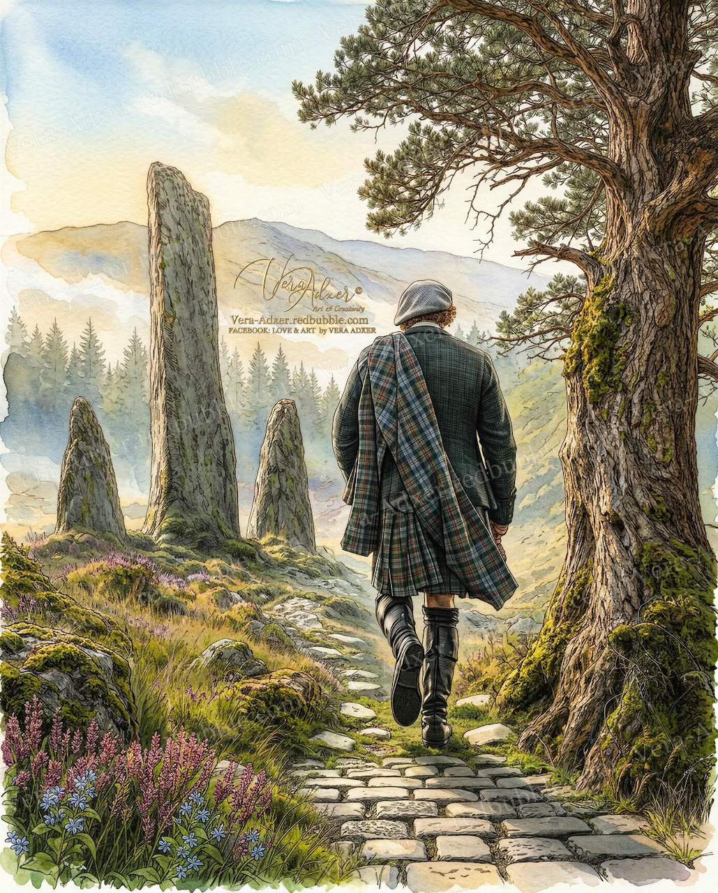 Man in tartan kilt walking a stone path past ancient standing stones in a Scottish Highland landscape