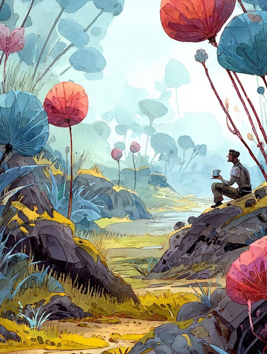 Illustrated figure sitting on rocks among giant round colorful plants in a surreal fantasy landscape