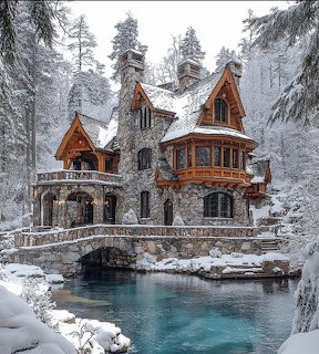 Rustic wooden chalet covered in snow next to turquoise lake in winter forest