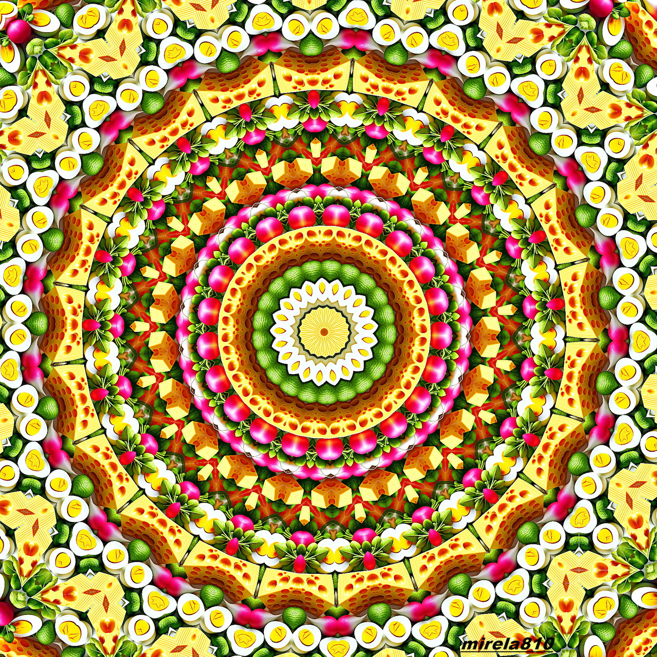 Circular mandala with colorful floral patterns and geometric designs radiating from center