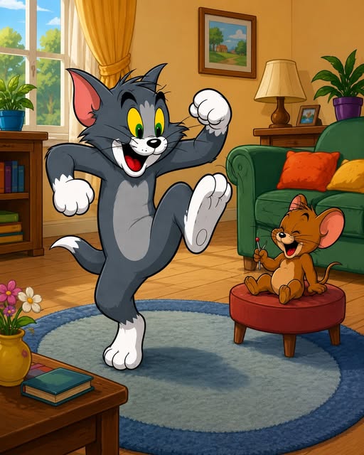 Tom cat dancing on one foot in living room while Jerry mouse sits on red chair watching