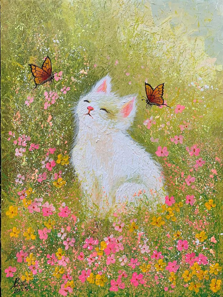 White fluffy cat sitting in a pink and yellow wildflower meadow with two orange butterflies