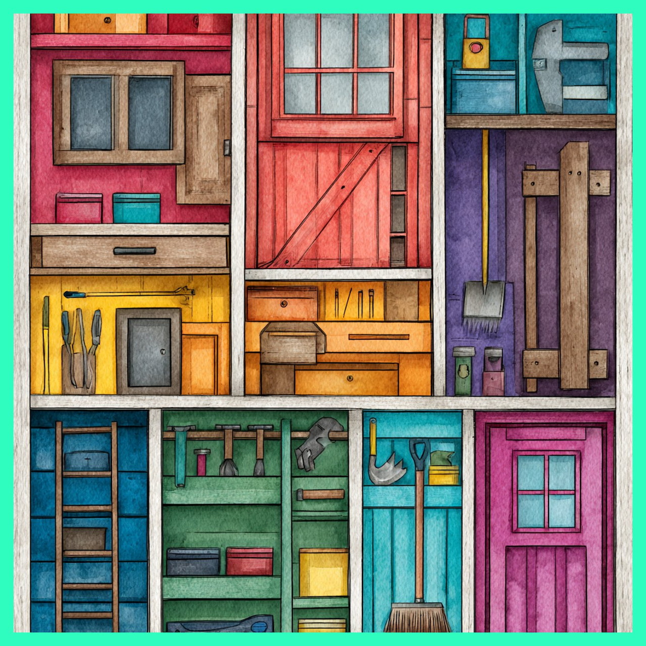 Grid of 12 colorful illustrated garden shed doors in red, yellow, purple, green, and pink with various windows and tools