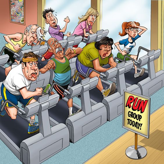 Cartoon of gym members tumbling off treadmills in comical chaos