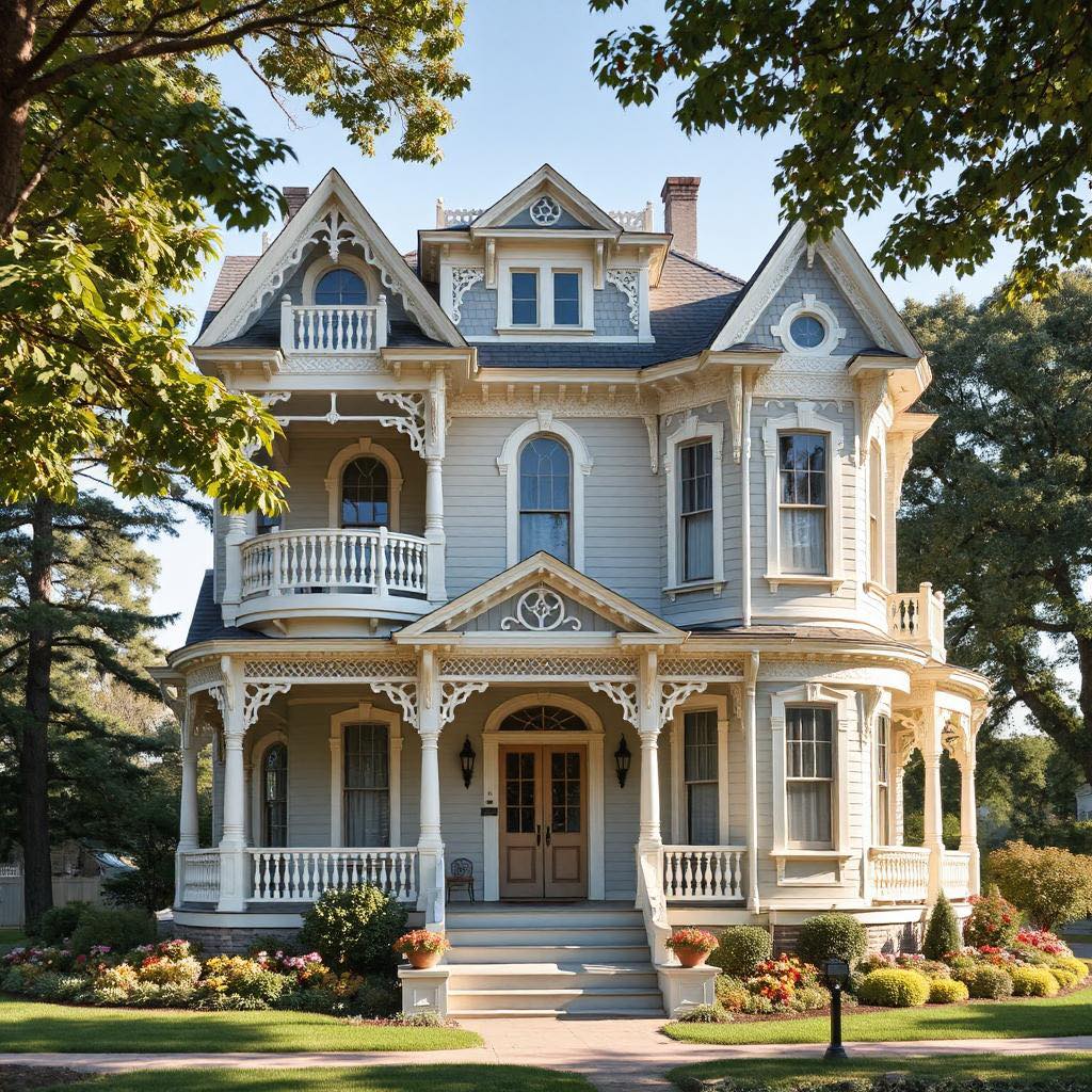 White Victorian mansion with turret, multiple balconies, and ornate trim on sunny day