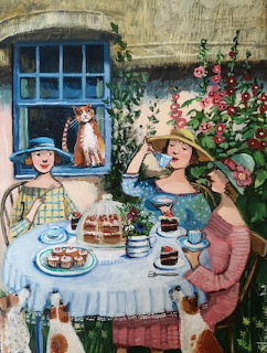 Folk art painting of two women at a garden tea table with cakes, a cat in a blue window, and a dog below
