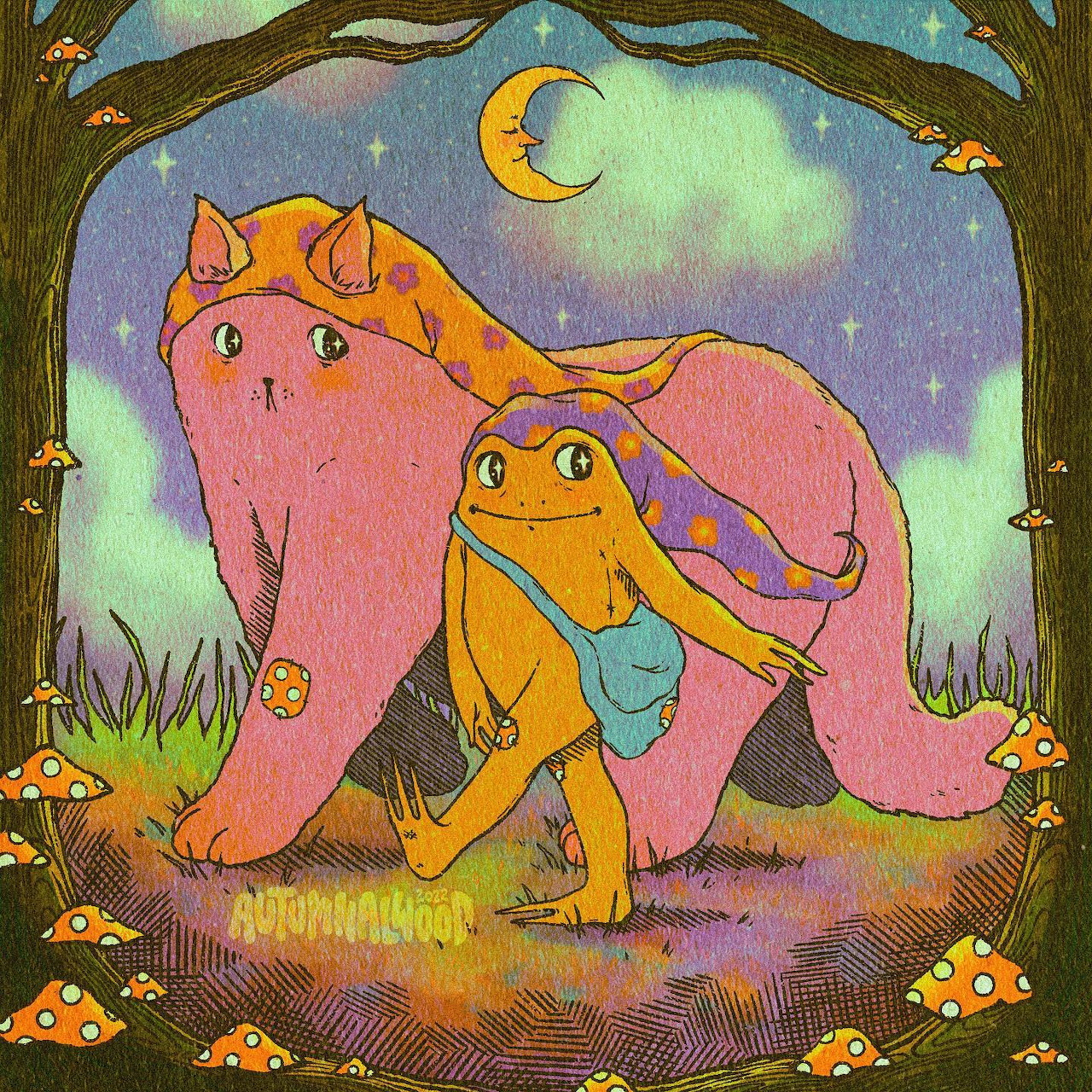 Illustrated orange frog sitting on large pink cat in fantasy forest with moon and mushrooms