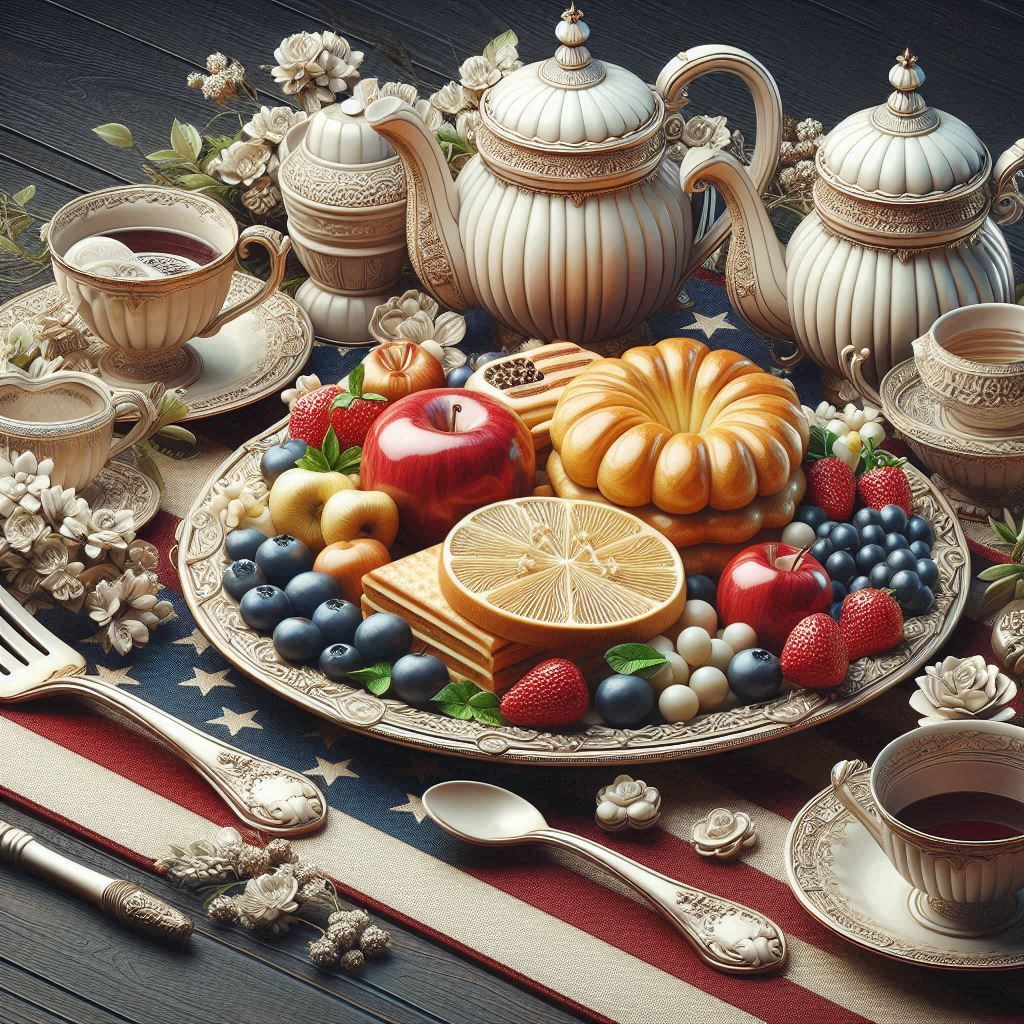 Still life with teapots, teacups, fruit, pastries, flowers, and silver spoons on a patterned table