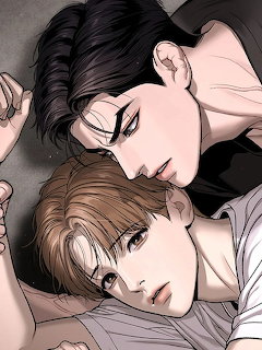 Two anime boys with dark and light brown hair lying close together on fabric, looking at the viewer