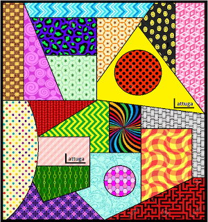 Colorful abstract collage with geometric shapes and varied patterns including dots, waves, checks, and spirals