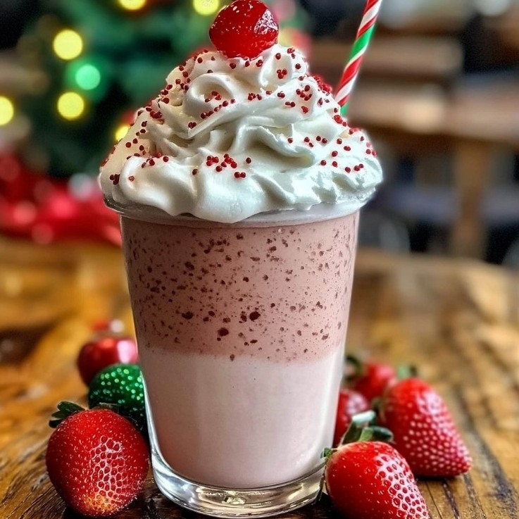 Pink strawberry frappuccino with whipped cream, cherry, sprinkles, and strawberries on a table