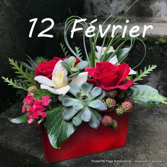 Floral arrangement in a red box with roses, succulents, greenery, and the text 12 Février