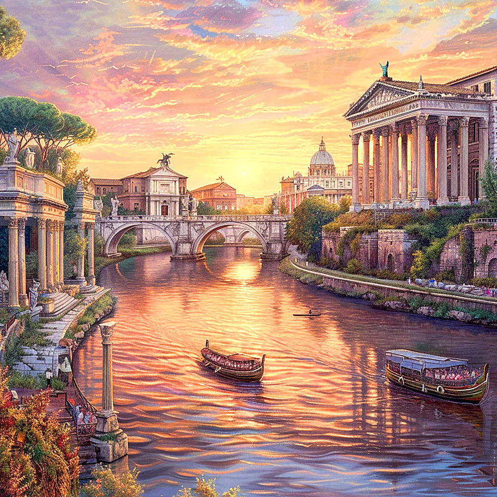Painting of a river winding through a classical city with neoclassical buildings, stone bridges, and boats at sunset