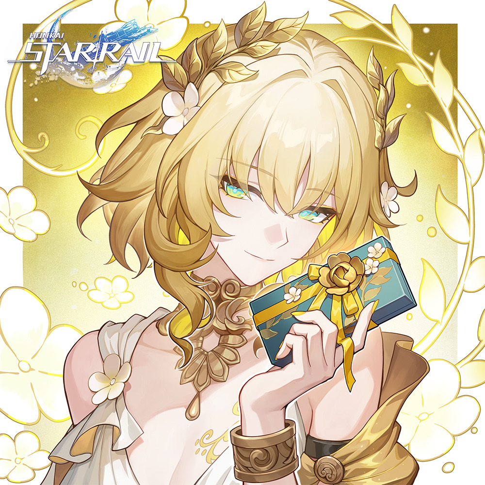Anime girl with blonde hair, green eyes, flower crown, and golden ornaments holding small decorative item